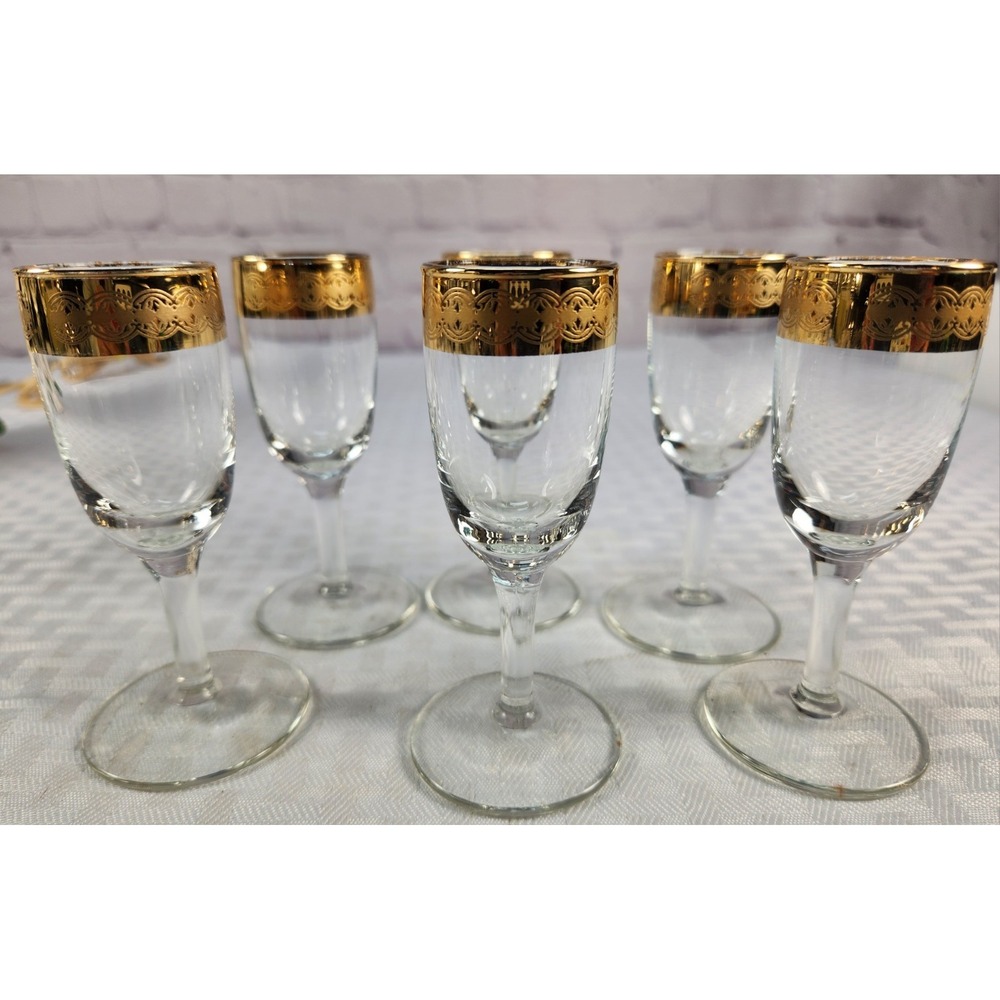 Elegant Set MCM Moroccan Cordial Glasses 22Kt gold-banded Turquoise Teal Inside